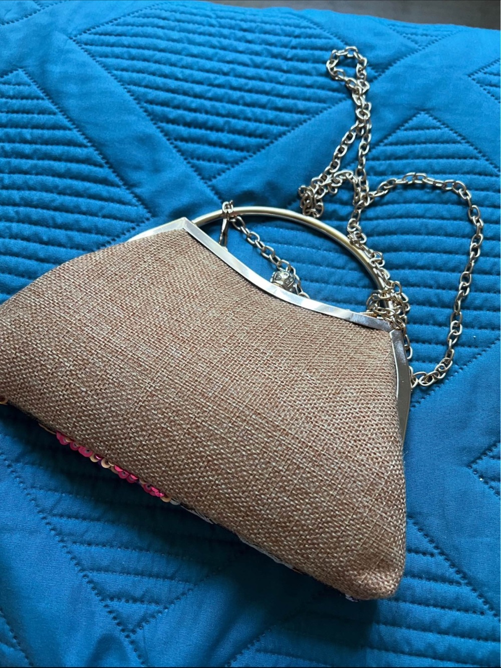 Embellished Floral Sequin Frame Bag in Brown and Orange - Picture 2 of 3